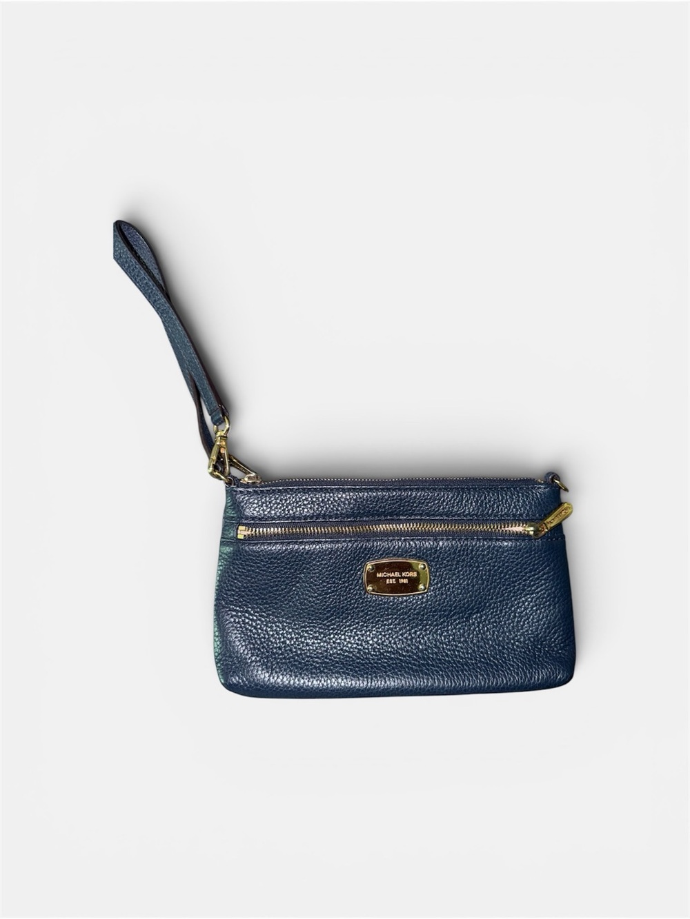 Michael Kors Navy Blue Pebbled Leather Wristlet Clutch Gold Hardware Preowned
